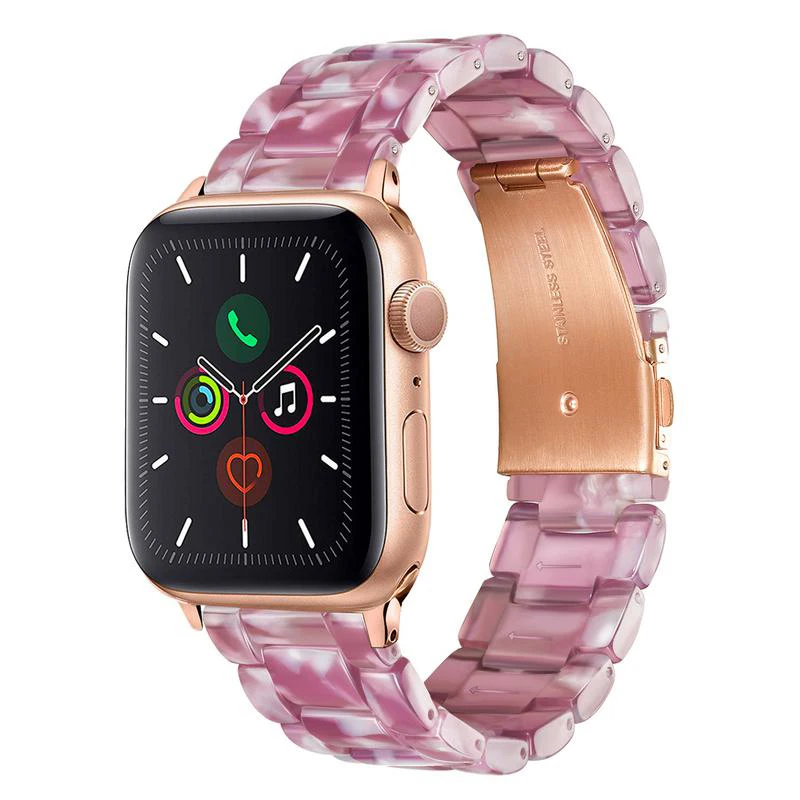 Purple Rose Gold Жемчуг смолы ремешок для наручных часов iWatch, версия Apple Watch Series 5 4 3 2 1 44/42/40/38 мм Для женщин браслет из розового золота Нержавеющая сталь Туфли с ремешком и пряжкой - Цвет ремешка: Purple Rose Gold