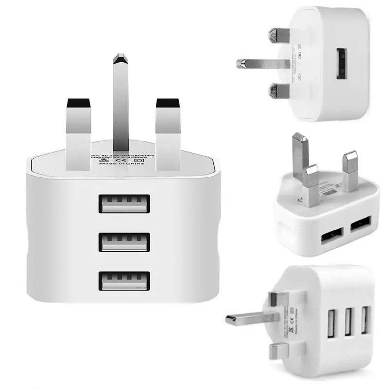 

3 Pin Plug For All Mobile Phone /Tablet Charger With UK Plug White 3 Ports USB Travel Charging Mains Wall AC Multi Power Adapter