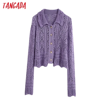 

Tangada women elegant hole purple cardigan vintage jumper lady fashion slim knitted cardigan coat BE704