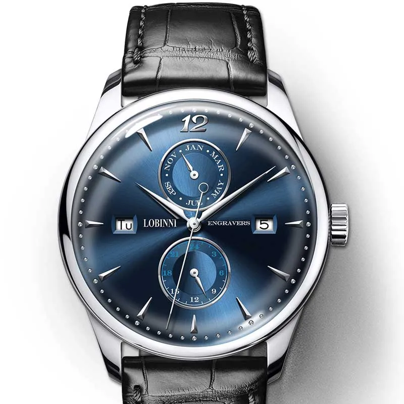 Роскошные брендовые LOBINNI механические часы с автоматическим подзаводом мужские часы со скелетом Кожа 50 м водонепроницаемый календарь даты 24 часа horloges man - Цвет: Blue Black