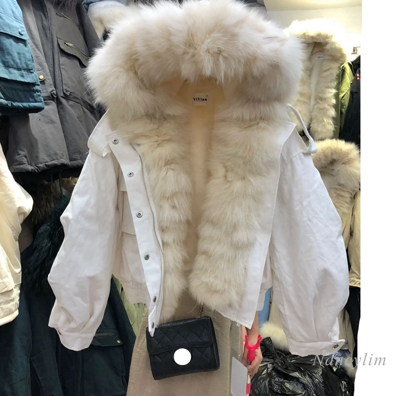 

2020 Winter New Big Real Natural Fox Fur Collar Hooded Parka Women's Short Quilted Cotton-padded Female Outwear Warm Overcoat