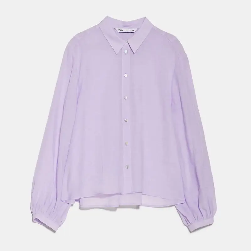 

CAWA New Fashion Casual Back Pleated Light Purple Shirt Single Breasted Long Sleeve Lapel Translucent Solid Color Shirt