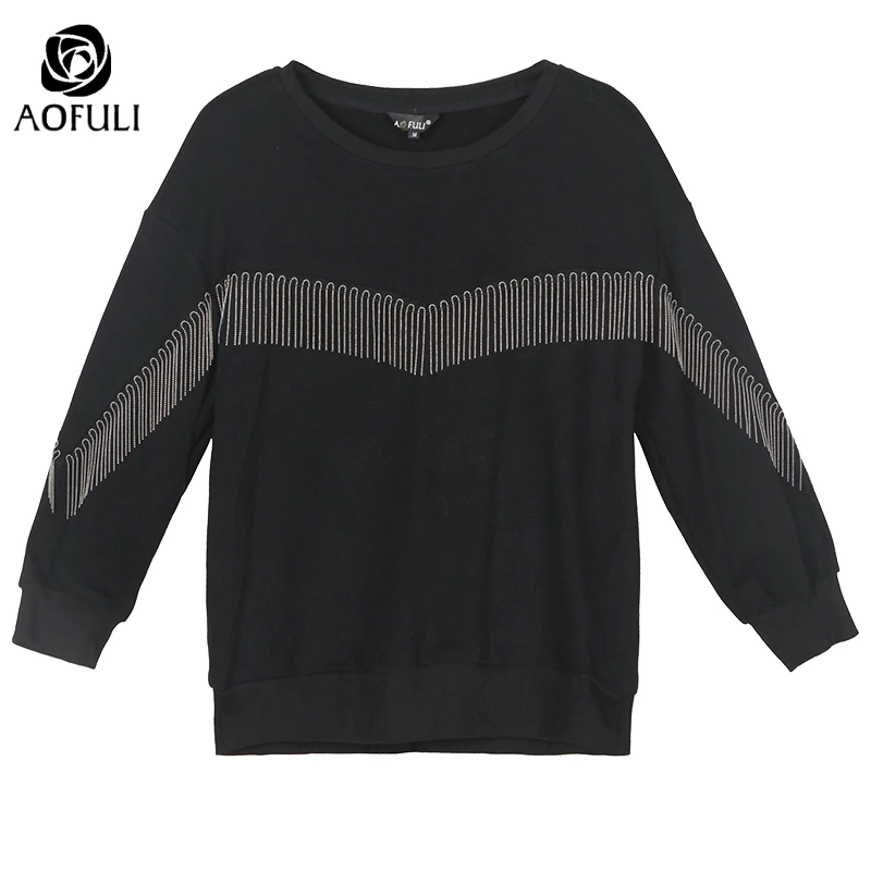 L~ 4XL 5XL Beadings Tassel Women Cotton Sweatshirt Black Long Batwing Sleeve Tee Shirt Big Size Ovesize Casual Tops AOFULI A4074