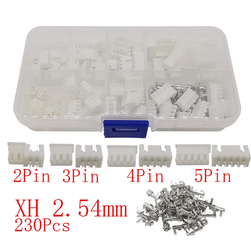230Pcs/Box JST XH2.54 Pitch 2.54mm 2P 3P 4P 5Pin Male Plug Female Socket Housing Terminal Kit Connector Metal Pin Crimp Header |