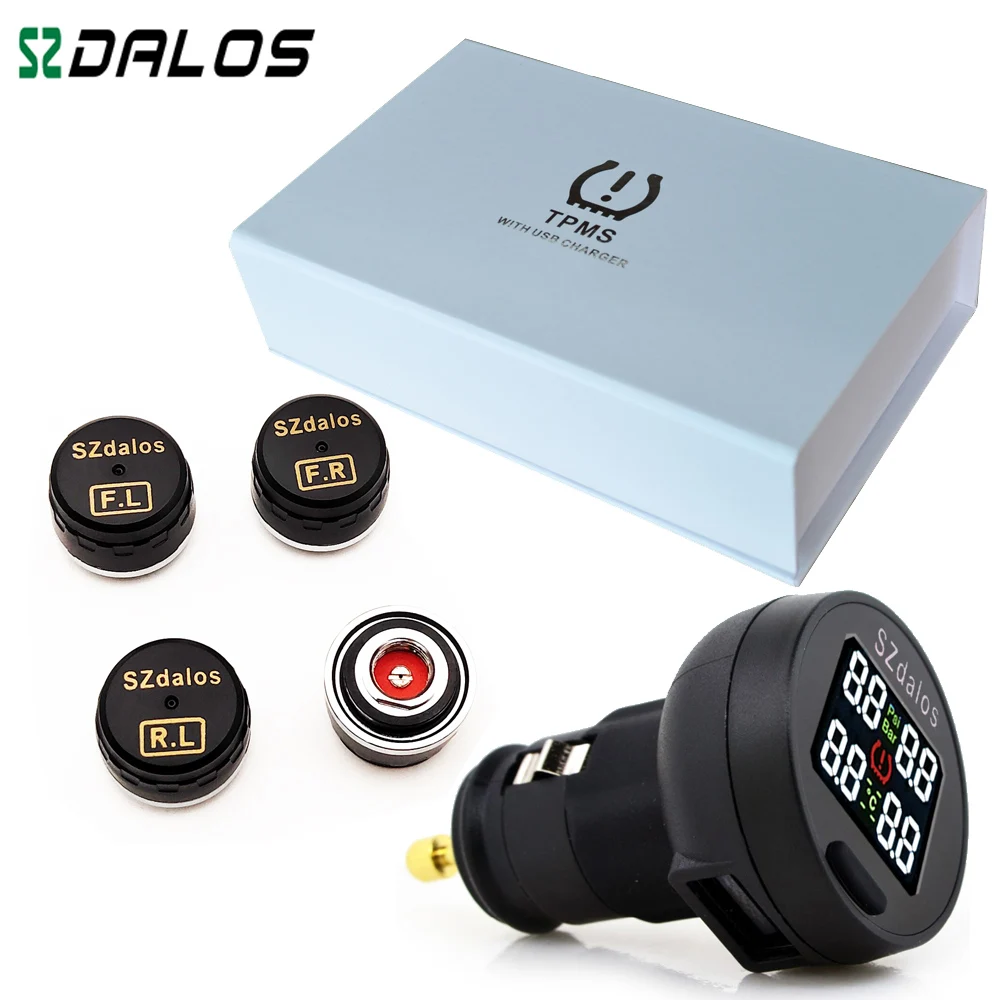 US $69.90 SZDALOS TP200 TPMS Car Wireless Tire Pressure Monitoring System 4 Mini Sensors Cigarette Tyre Pressure Monitoring