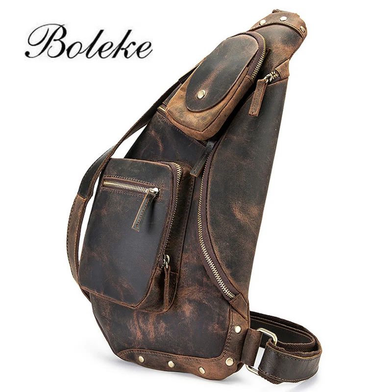 Vintage Crazy Horse Genuine Leather Men Chest Bag Small Messenger