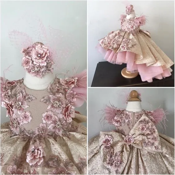 Luxury Pink Floral Lace Applique Baby Girls Birthday Party Dresses Girls Pageant Dresses Ball Gowns Kid Clothes