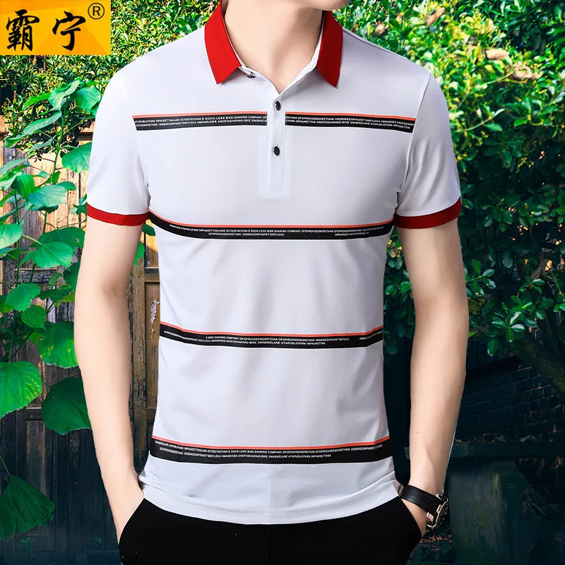 

2019 Summer Youth MEN'S Short-sleeved T-shirt Fold-down Collar Cotton Slim Fit Thin Stripes Mercerized Cotton Base Shirt