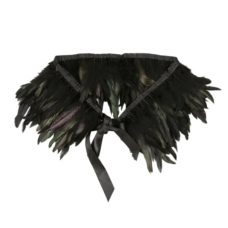 Женский Ретро винтажный Готический воротник из натурального пера с ленточным галстуком для Хэллоуина, вечеринки, болеро, шаль, накидка на плечо - Цвет: Black