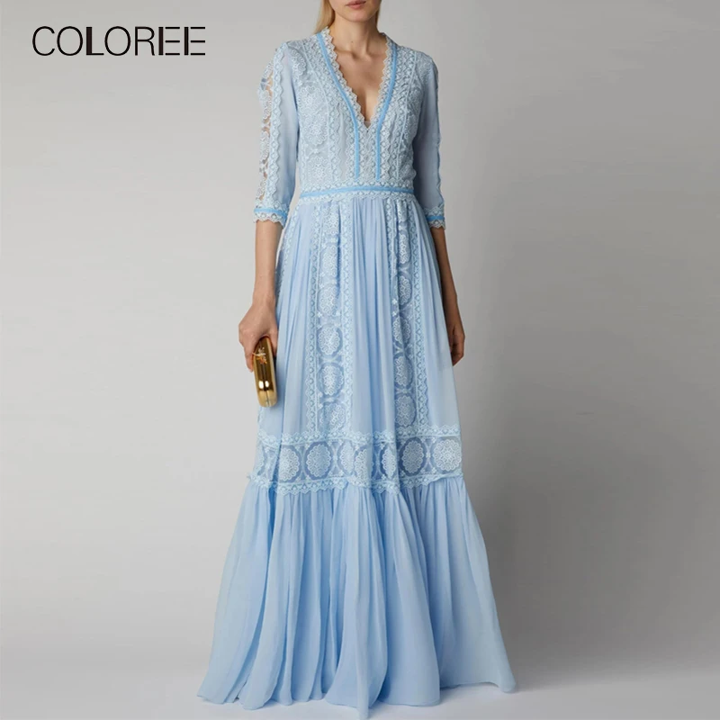 Elegant Blauw Hollow Out Lace Lange Party Jurk Vrouwen Zomer V-hals Half Mouw Chiffon Patchwork Geplooide Maxi Jurk Landingsbaan Jurk Elegant Blauw Hollow Out Lace Lange Party Jurk Vrouwen Zomer V-hals Half Mouw Chiffon Patchwork Geplooide Maxi Jurk Landingsbaan Jurk