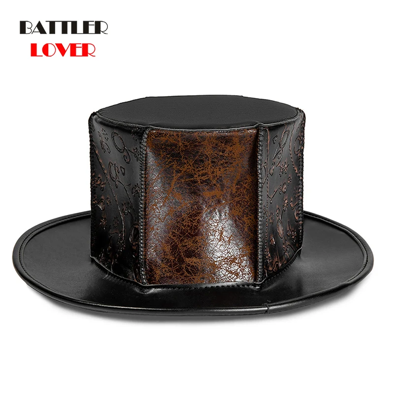 Victoria Adult Brown PU Leather Halloween Plague Doctor Cosplay Steampunk Flat Hat Unisex Gothic Costume Accessories Anime Props