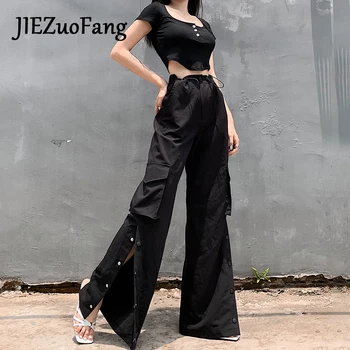 

JIEZuoFang Fashion Pocket Straight Women Pants Sweatpants Black Hip-Hop High Waist Button Design Punk Style Autumn Streetwear