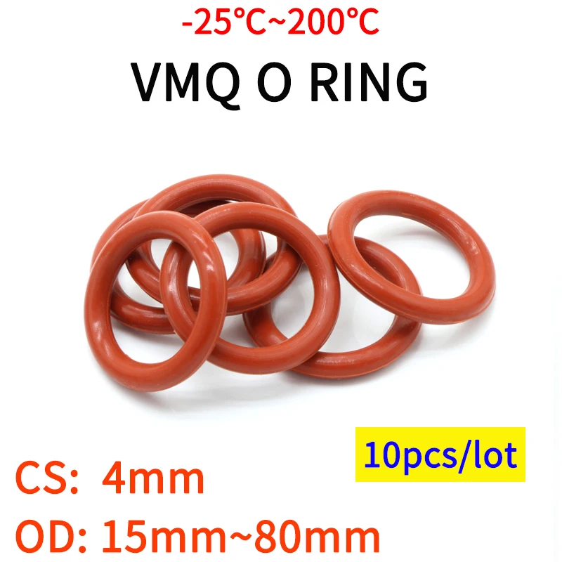 Junta de sellado VMQ O Ring, espesor CS 4mm OD 15 ~ 45mm, goma de silicona, lavadora a prueba de agua, forma redonda, no Toxi, color rojo, 10 Uds.