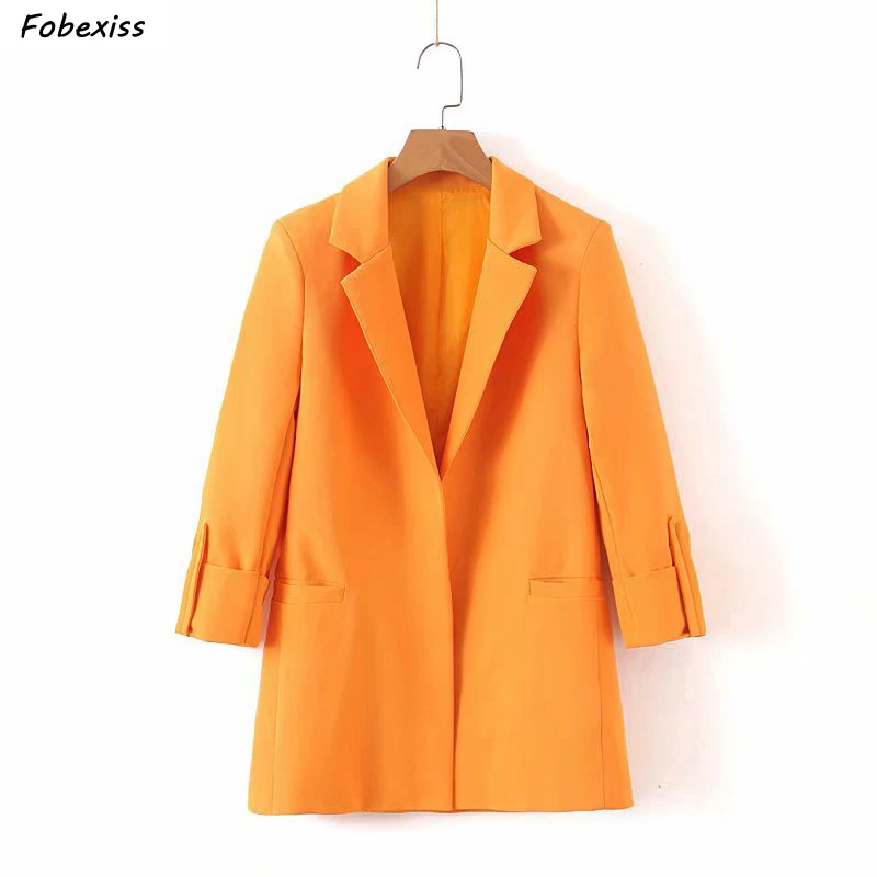 Women Blazers and Jackets Women 2019 Fall New Crimping Long Sleeve Cardigan With Pocket Elegant Orange Blazer Office Lady