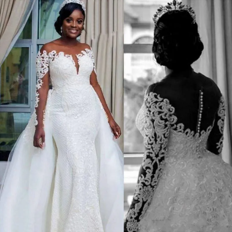 MYYBLE South African Mermaid Wedding Dresses Detachable Overskirt Sheer Neck Off Shoulder Long Sleeves 2020 Bridal wedding Gown