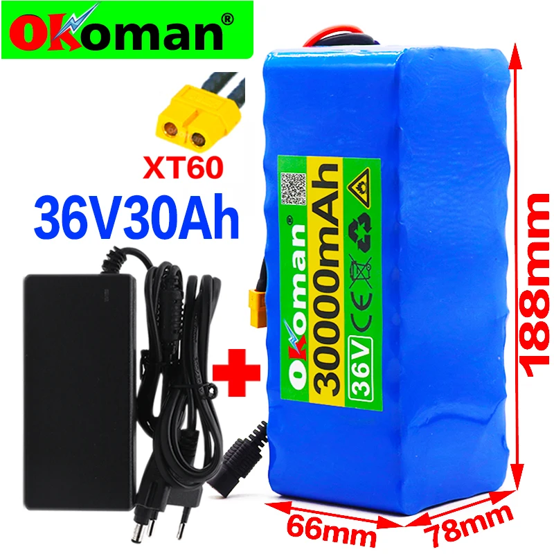

36V 10S4P 30Ah 500W high capacity 42V 18650 lithium battery pack 30000mAh electric bicycle scooter with BMS XT60 Plug+charger