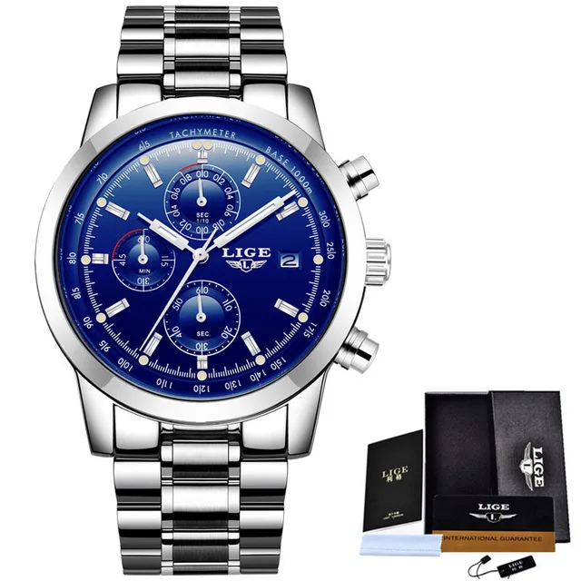 silver blue Relogio Masculino LIGE модный хронограф спортивные мужские часы лучший бренд Роскошные Кварцевые часы Reloj Hombre saat часы+ коробка - Цвет: silver blue