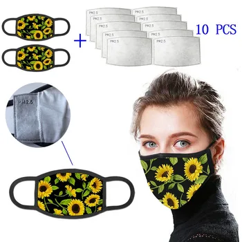 

Cotton Face Masks PrintedMen Women Unisex Washable Breathable Mouth Mask PM2.5 With 10 pcs Activated Carbon Filter Reusable
