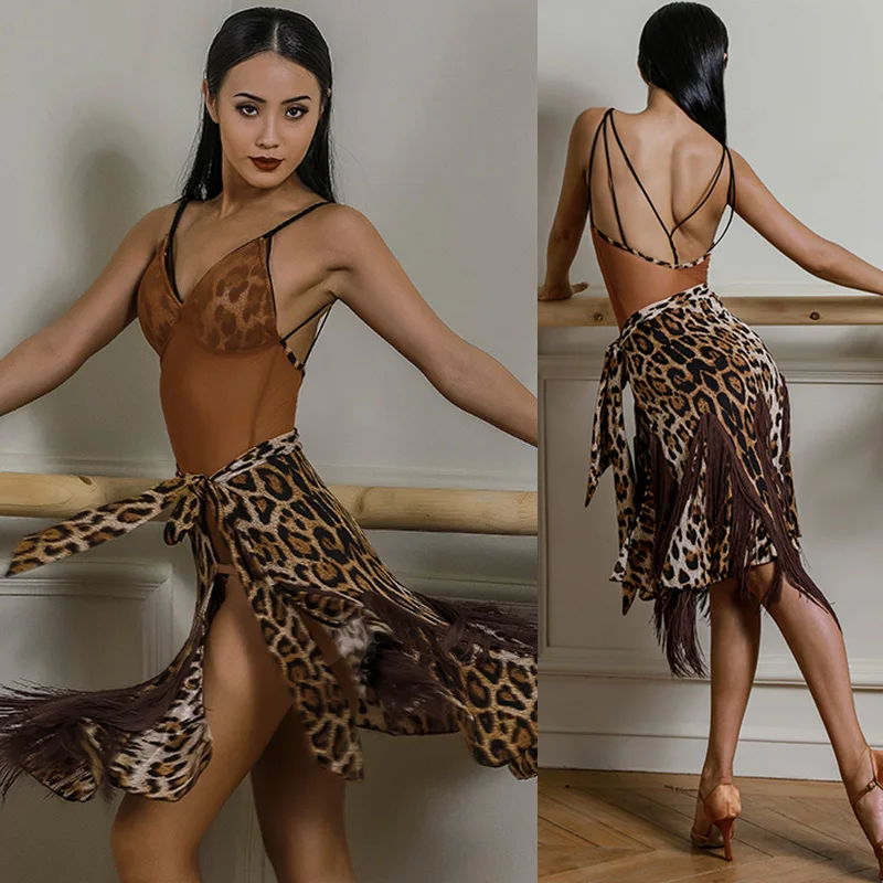 

Latin Dance Dress Sexy Leopard Print Mesh Seethrough Bodysuit Fringe Skirt Tango Salsa Cha Cha Samba Rumba Dancewear DNV11864