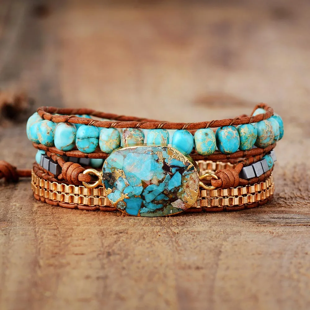 High End Leather Wrap Bracelet W/ Stones Vintage Weaving Statement Art Chain Bracelet Jewellery Gifts