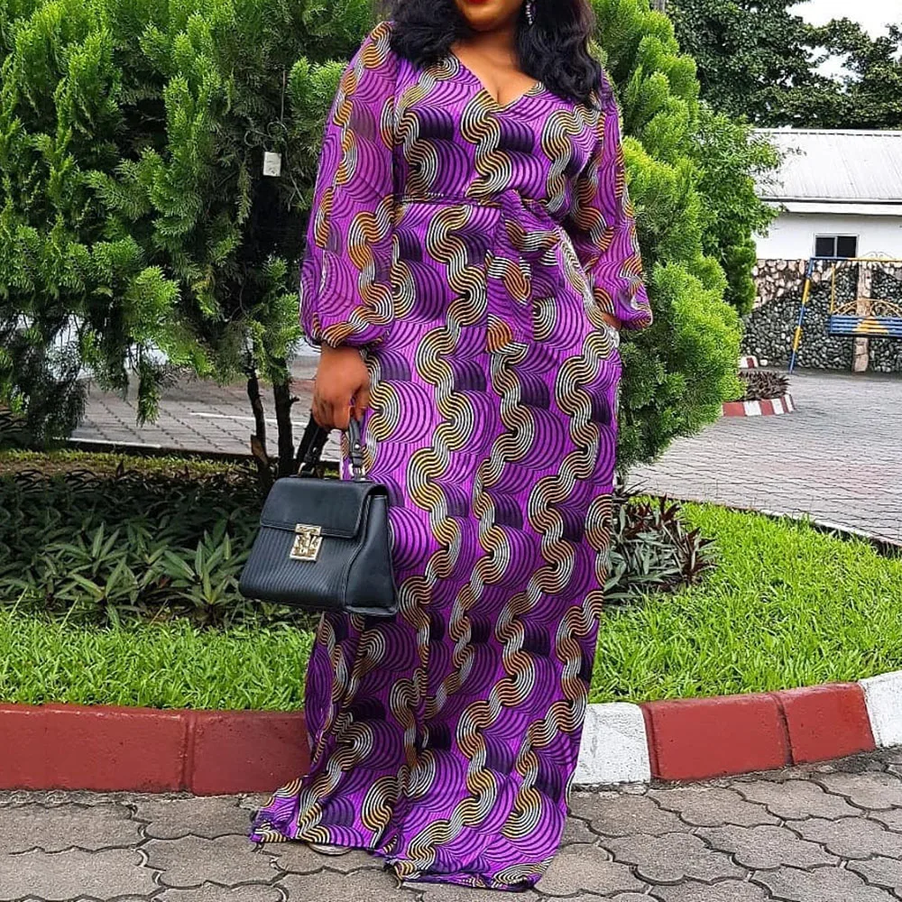 

Purple Pattern Printed Long Evening Dress Women V-Neck Maxi Dress African Loose Spring Long Sleeve Ladies Party Prom Dresses