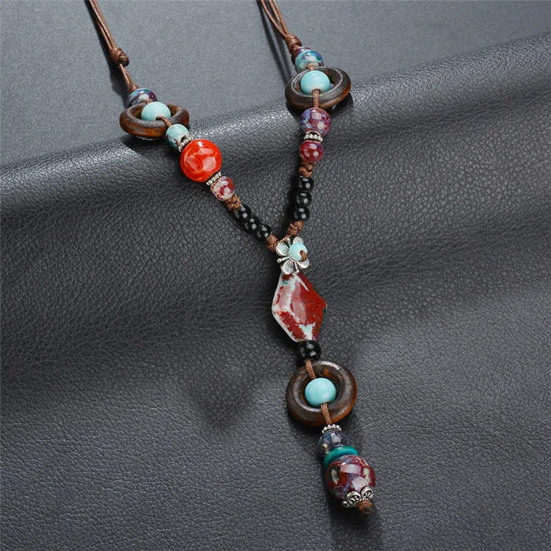 Новинка, 3 цвета, богемное ручное плетение, цепочка, Керамическая подвеска и ожерелье, женский воротник, каменное ожерелье из деревянных бусин для женщин, ювелирное изделие