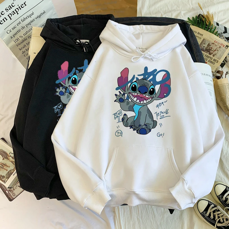 Sudaderas con capucha de Stitch de Disney para mujer, suéteres Harajuku, Tops Kawaii informales con cuello redondo, Sudadera con capucha con estampado de Ángel de manga larga