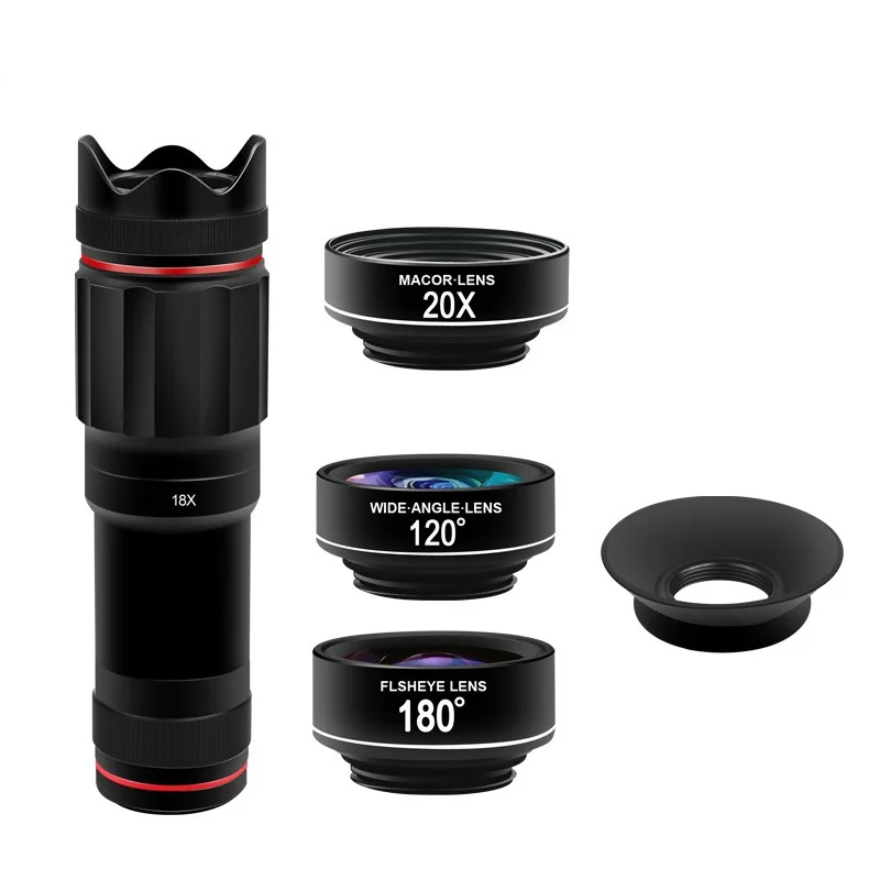 

5 In1 HD 4K Mobile Phone Camera Lens Kit 18X Telephoto Lens with Fish Eye Wide Angle Macro 2X Telescope Lenses for Smartphones