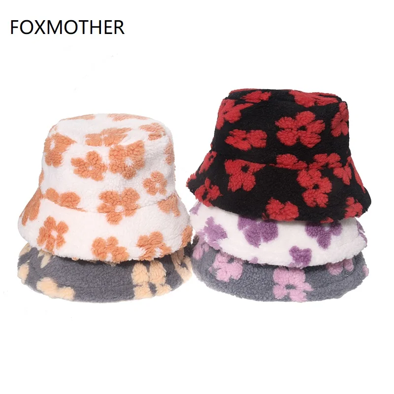 

FOXMOTHER New Bob Panama Outdoor Warm Fishing Cap Fisherman Gorros Lamb Fluffy Floral Faux Fur Winter Bucket Hat For Women