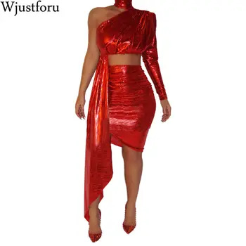 

Wjustforu Sexy Sequin Club Two Piece Set Women Off Shoulder Bandage Tops + Mini Skirt Badycon Fashion Skinny 2 Piece Set Vestido
