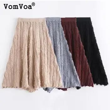 

VomVoa2019 solid color European and American style frayed skirt women multicolor autumn ladies elegant loose midi skirt