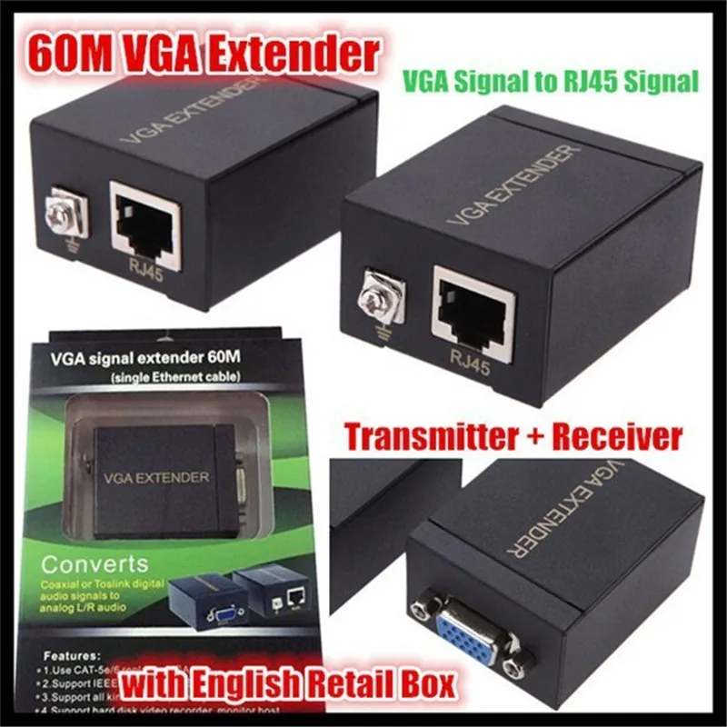 Single RJ45 Cat 5e/6 Network Cable Up To 60M VGA Signal Extender Repeater Adapter (Transmitter+Receiver) Support 1080P Full 3D |