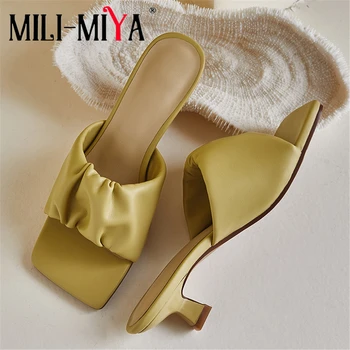 

MILI-MIYA Concise Design Women Sandals Solid Color Fashion Square Toe Slip-On Square Heels Dress Party Summer Shoes Size 34-40
