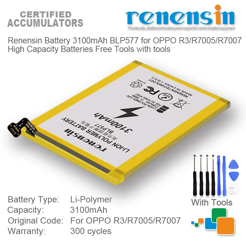 

Renensin Battery 3100mAh BLP577 for OPPO R3/R7005/R7007 High Capacity Batteries Free Tools with tools