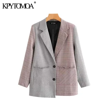 

Vintage Stylish Patchwork Frayed Blazer Coat Women 2020 Fashion Long Sleeve Pockets Office Wear Outerwear Chic Tops