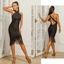 Платье для латинских танцев; черное платье для взрослых с открытой спиной и кисточками; платье без рукавов для соревнований; костюмы для самбы; одежда для сцены; PY255