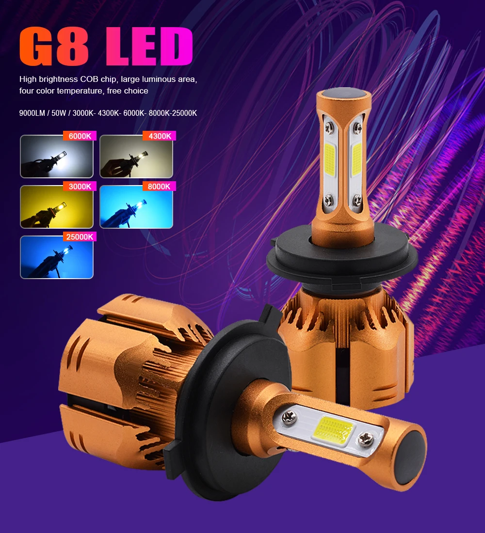 EURS золото G8 Автомобильный светодиодный Headllight COB 100W 9000lm H4 лампа светодиодный H7 светодиодный H11 Автомобильный светодиодный фары 3000 k/4300 k/6000 k/8000 k/25000 k