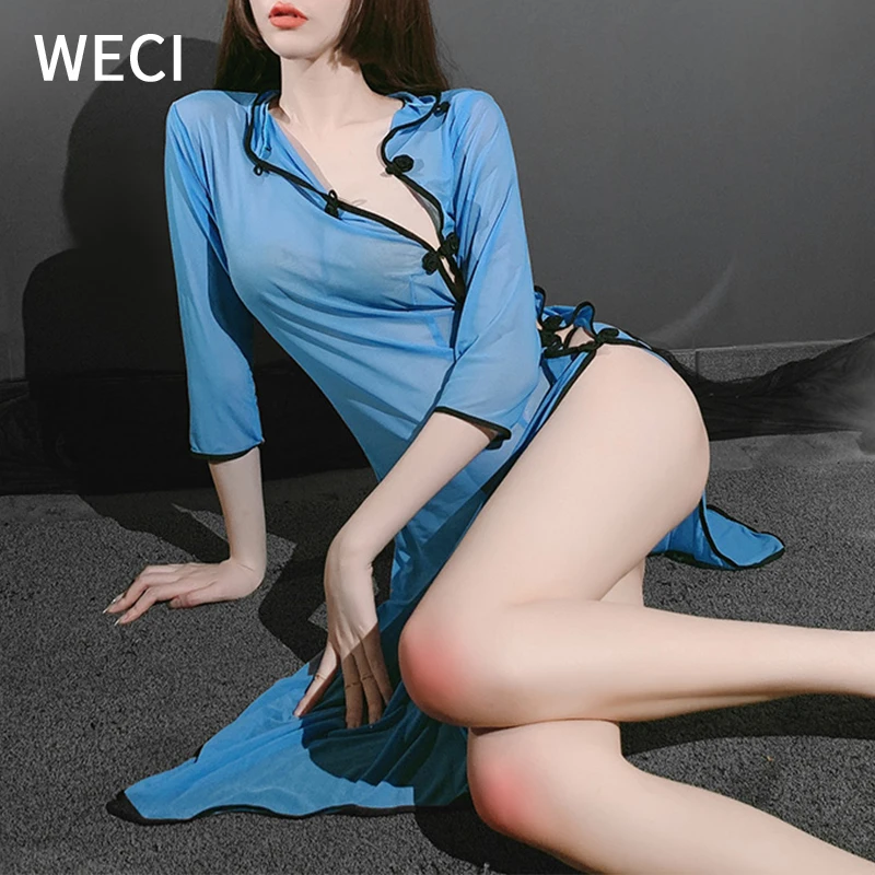 WECI Для женщин сексуальное платье Чонсам халат прозрачное белье в стиле школьницы