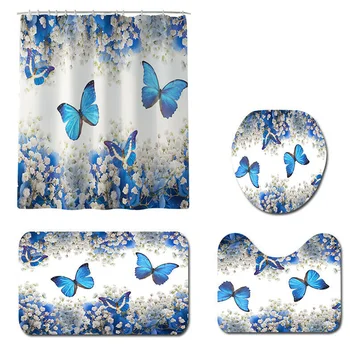 

Flower Butterfly Printing Waterproof Shower Curtain Carpet Toilet Mat Set Toilet Lid Cover + Pedesta