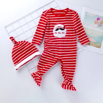 

2020 New Fashion Newborn Toddler Baby Cartoon Christmas Rompers Girls Boys Party Costumes Striped Clothes Suits with Hat