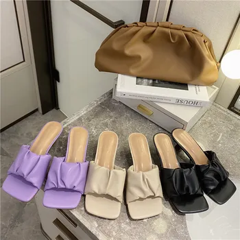 

Mule Heels Women Sandals Ladies High Heel Slippers White Color Open Toes Thick Heel Fashion Female Slides 2020 Summer Shoes