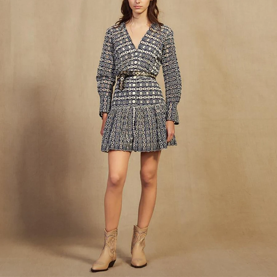 

2019 Autumn New Design Women Dress V-neck Hollow Out Long Sleeve Dress Ruffles Geometric Pattern Embroidery Mini Dress