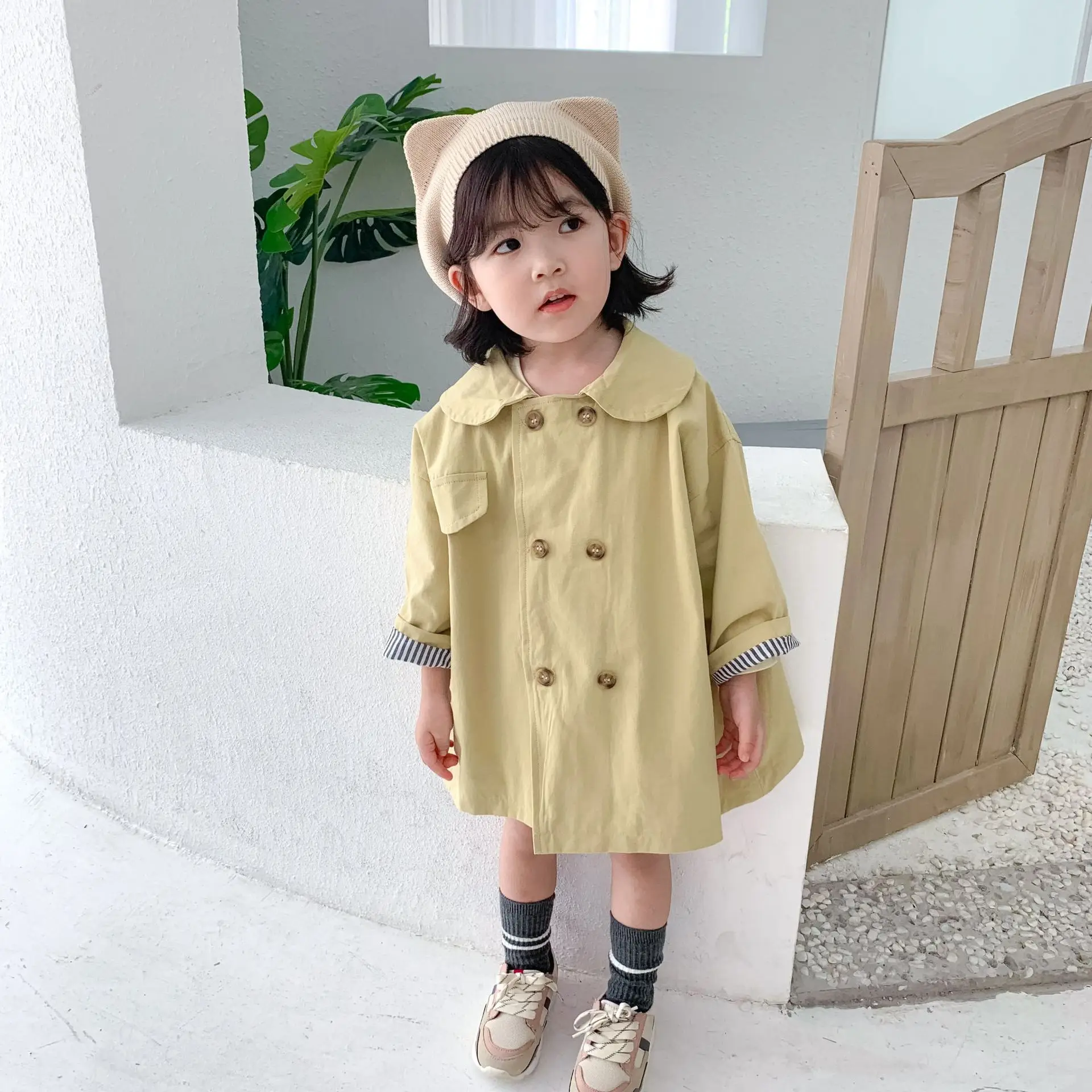 Новая детская одежда корейская двубортная хлопковая длинная куртка ветровки в полоску с воротником-куклой для девочек - Цвет: 1