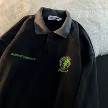 Camiseta negra de algodón con cuello tipo Polo para mujer, ropa urbana holgada de manga larga que combina con todo, primavera y otoño, 2021