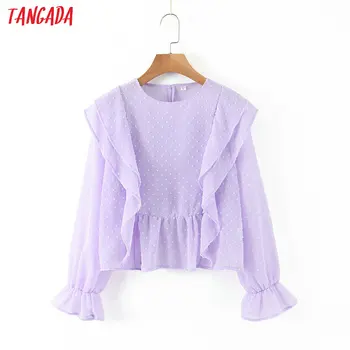 

Tangada women ruffles purple mesh blouse short style 2020 fashion long sleeve shirts female chic tops SL217
