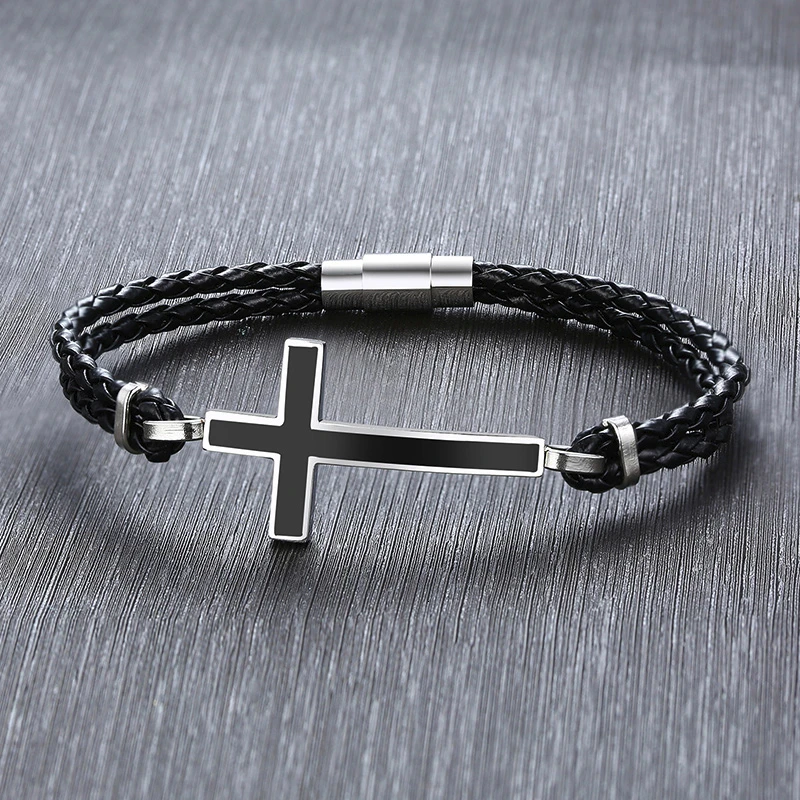 MEN BLACK CROSS DOUBLE BRAIDED LEATHER BRACELET MAGENTIC CLASP MEN'S JEWELRY GIFT FOR HER - Image 3