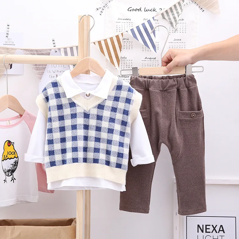 

2019 Autumn Korean-style Fashion New Style Set BOY'S Long Sleeve Shirt Sweater Plaid Waistcoat Three-piece Set