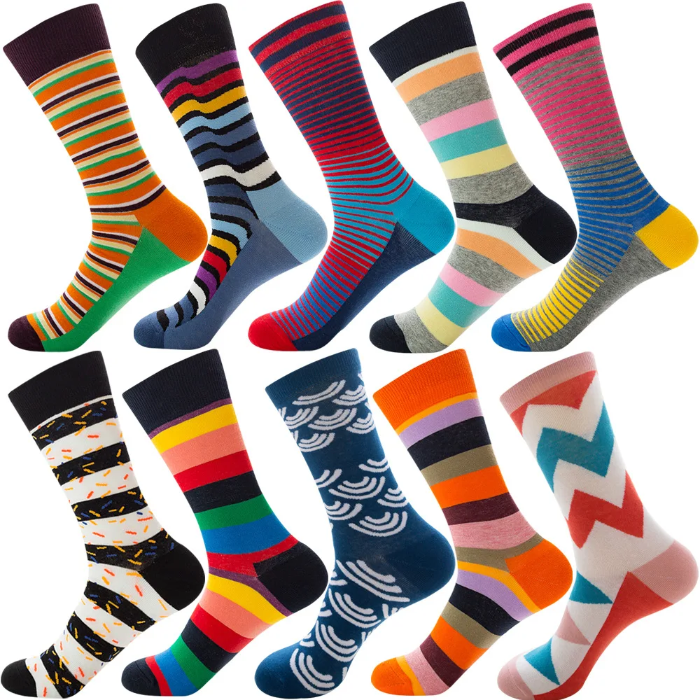 Big Size 20 Pcs=10 pairs/Lot Christmas Colorful Combed Cotton Socks Men Casual Fashion Autumn Crew Socks Funny Happy Men Socks