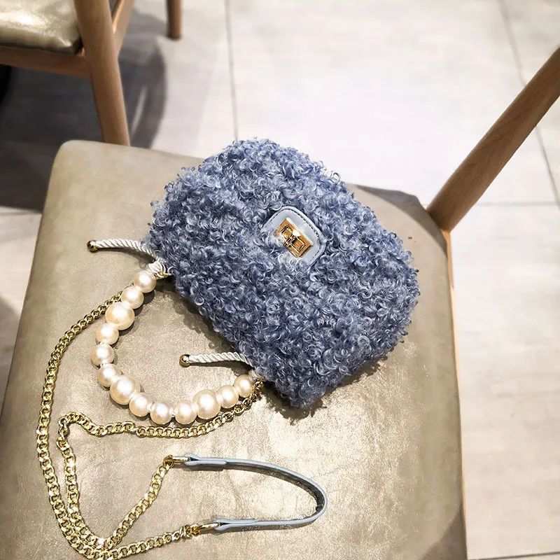 

Lamb Wool Women Shoulder Bag Pearl Chain Hand-held Cashmere Flap PU Leather Luxury Handbags Designer Purses Tote Drop Shipping
