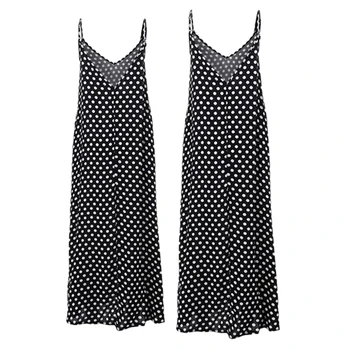 

2Pcs Women Sleeveless V-Neck Strappy Polka Dot Long Maxi Dress Summer Beach Sundress Black - S & M